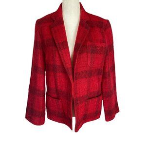 Liz Claiborne women's red with faded black checkered long open front blazer sz 6